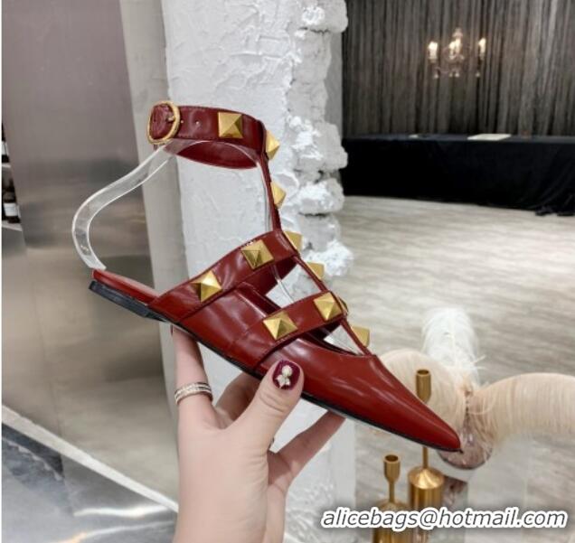 Good Quality Valentino Roman Stud Lambskin Strap Mules 012524 Burgundy 2021