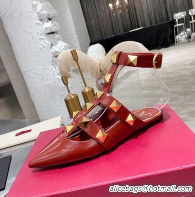 Good Quality Valentino Roman Stud Lambskin Strap Mules 012524 Burgundy 2021