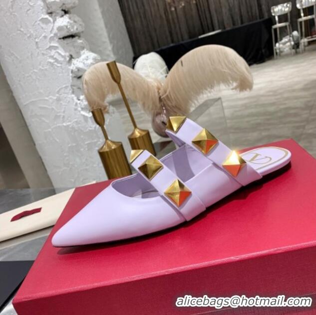 Super Quality Valentino Roman Stud Calfskin Flat Mules 012525 Light Purple 2021