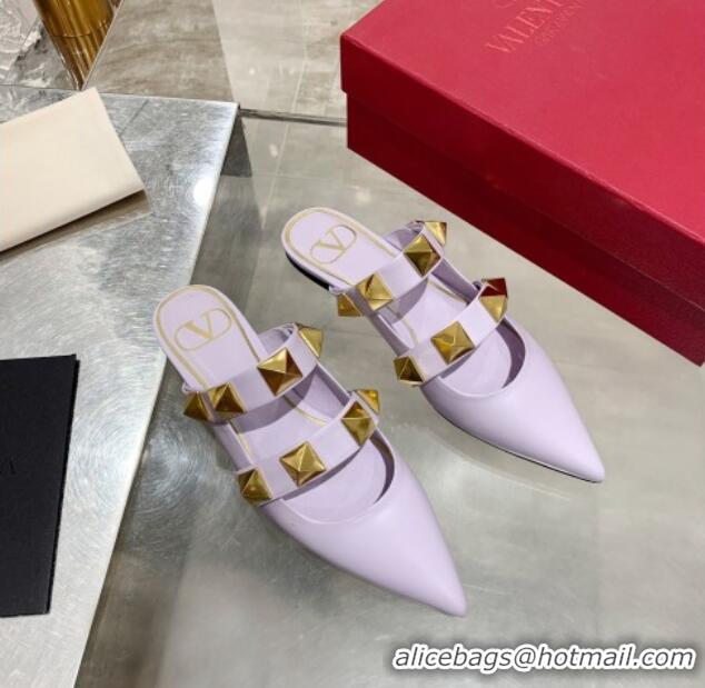 Super Quality Valentino Roman Stud Calfskin Flat Mules 012525 Light Purple 2021