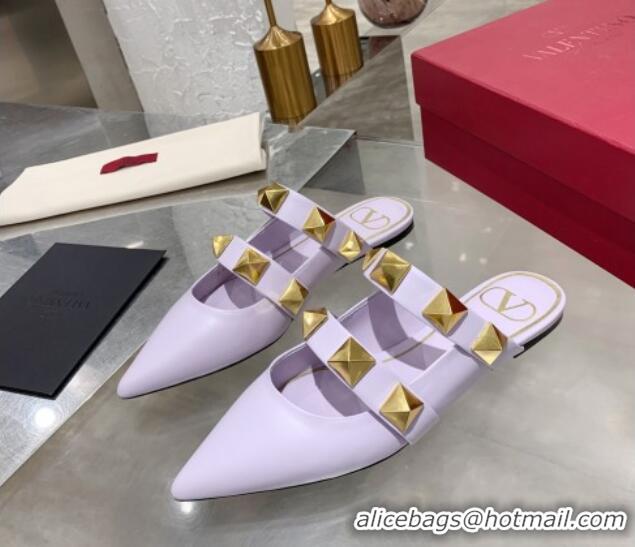 Super Quality Valentino Roman Stud Calfskin Flat Mules 012525 Light Purple 2021