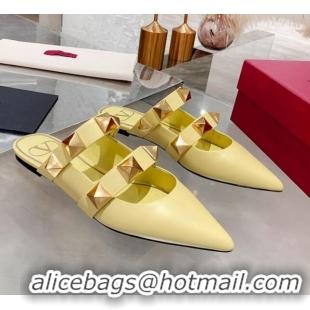 Cute Valentino Roman Stud Calfskin Flat Mules 012525 Light Yellow 2021