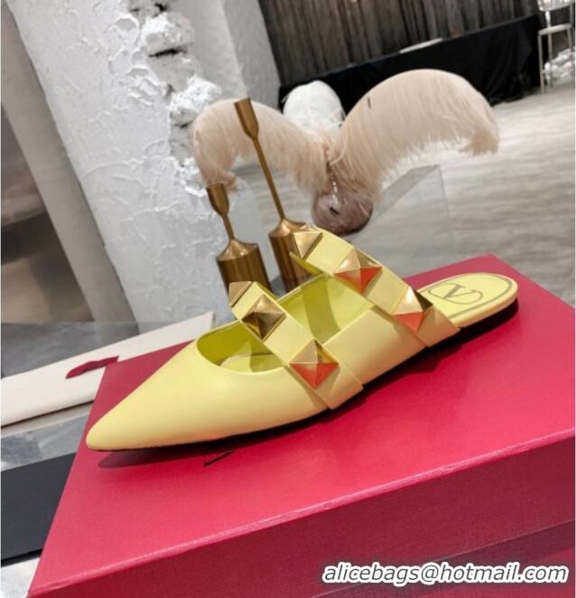 Cute Valentino Roman Stud Calfskin Flat Mules 012525 Light Yellow 2021