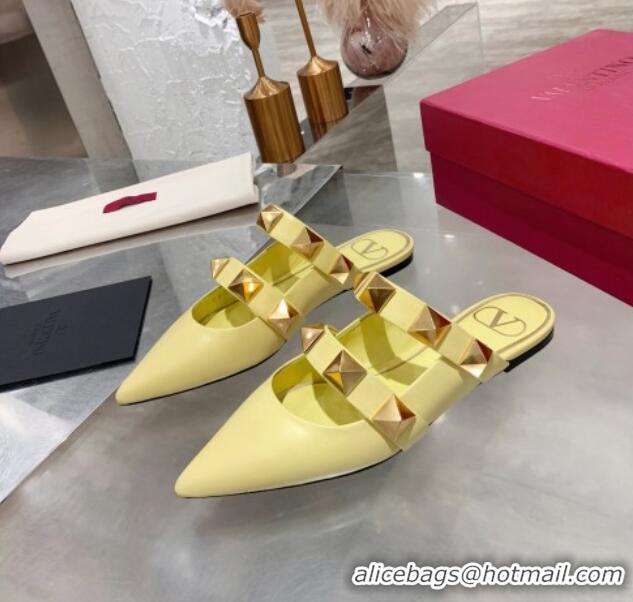 Cute Valentino Roman Stud Calfskin Flat Mules 012525 Light Yellow 2021