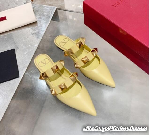 Cute Valentino Roman Stud Calfskin Flat Mules 012525 Light Yellow 2021