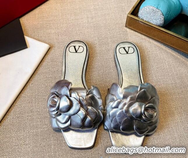 New Style Valentino Atelier Shoe 03 Rose Edition Kidskin Flat Slide Sandal 012606 Silver