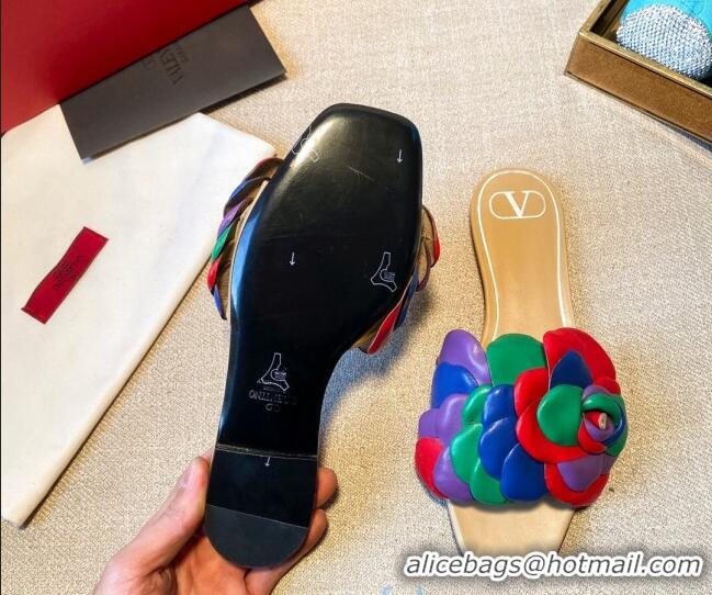 New Design Valentino Atelier Shoe 03 Rose Edition Kidskin Flat Slide Sandal 012606 Multicolor