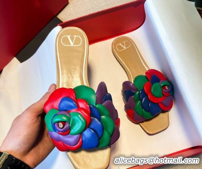 New Design Valentino Atelier Shoe 03 Rose Edition Kidskin Flat Slide Sandal 012606 Multicolor