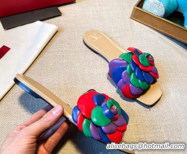 New Design Valentino Atelier Shoe 03 Rose Edition Kidskin Flat Slide Sandal 012606 Multicolor