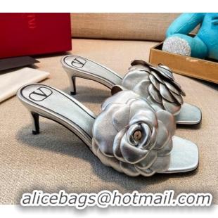 Perfect Valentino Atelier Shoe 03 Rose Edition Kidskin Heel Slide Sandal 55mm 012609 Silver