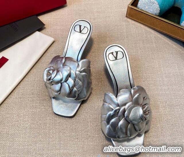 Perfect Valentino Atelier Shoe 03 Rose Edition Kidskin Heel Slide Sandal 55mm 012609 Silver