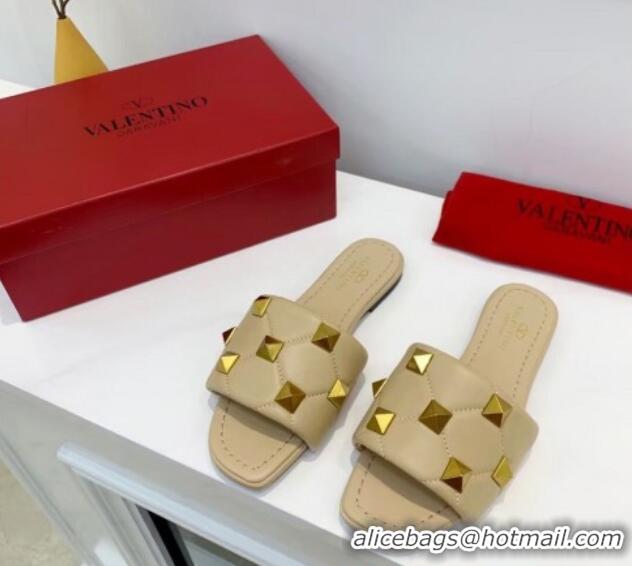 Good Quality Valentino Roman Stud Flat Slide Sandals in Quilted Nappa Lambskin 012614 Nude