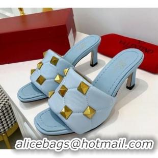 Top Grade Valentino Roman Stud Heel Sandals 5.5cm in Quilted Nappa Lambskin 012619 Light Blue 2021