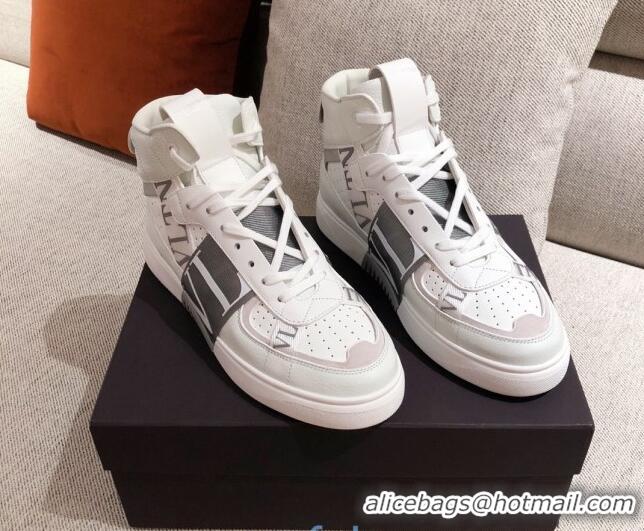 Popular Style Valentino VL7N Calfskin High-Top Sneaker with Print Bands 012742 White/Grey