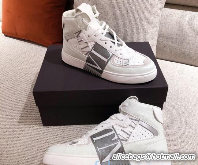 Popular Style Valentino VL7N Calfskin High-Top Sneaker with Print Bands 012742 White/Grey