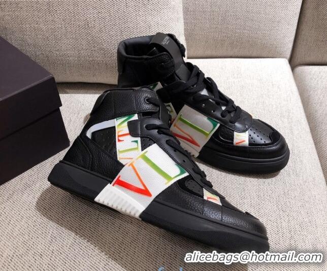 Discount Valentino VL7N Calfskin High-Top Sneaker with Print Bands 012742 Black/Multicolor