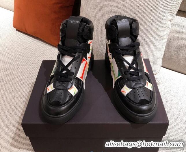 Discount Valentino VL7N Calfskin High-Top Sneaker with Print Bands 012742 Black/Multicolor