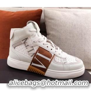 Best Price Valentino VL7N Calfskin High-Top Sneaker with Print Bands 012742 White/Brown