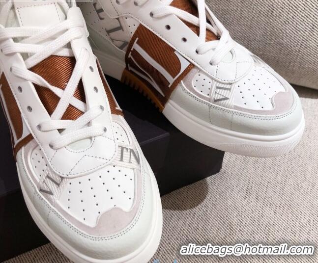 Best Price Valentino VL7N Calfskin High-Top Sneaker with Print Bands 012742 White/Brown