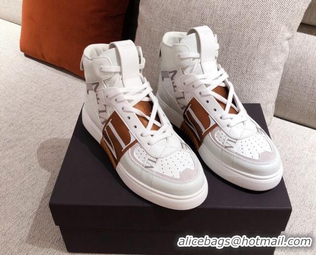 Best Price Valentino VL7N Calfskin High-Top Sneaker with Print Bands 012742 White/Brown