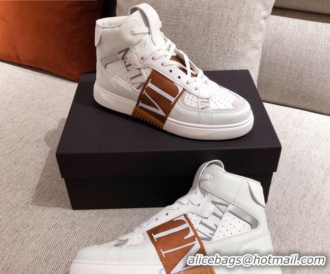 Best Price Valentino VL7N Calfskin High-Top Sneaker with Print Bands 012742 White/Brown