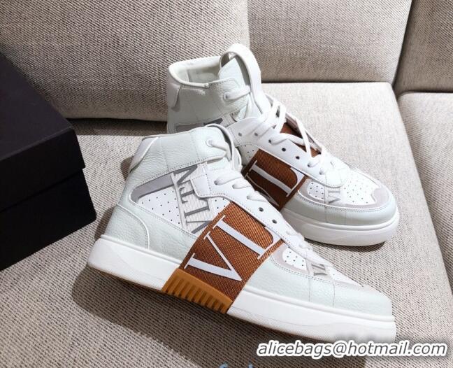 Best Price Valentino VL7N Calfskin High-Top Sneaker with Print Bands 012742 White/Brown