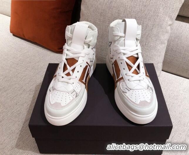 Best Price Valentino VL7N Calfskin High-Top Sneaker with Print Bands 012742 White/Brown