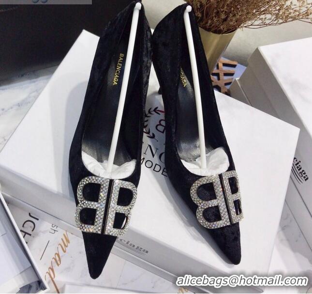 Best Grade Balenciaga Crystal BB Square Knife Pump in Black Velvet 051503