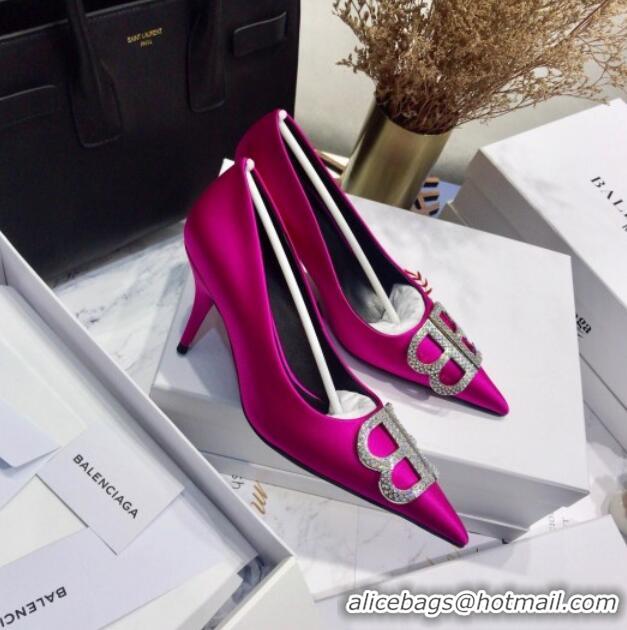 Luxurious Balenciaga Crystal BB Square Knife Pump in Stretch Satin Rosy 051504