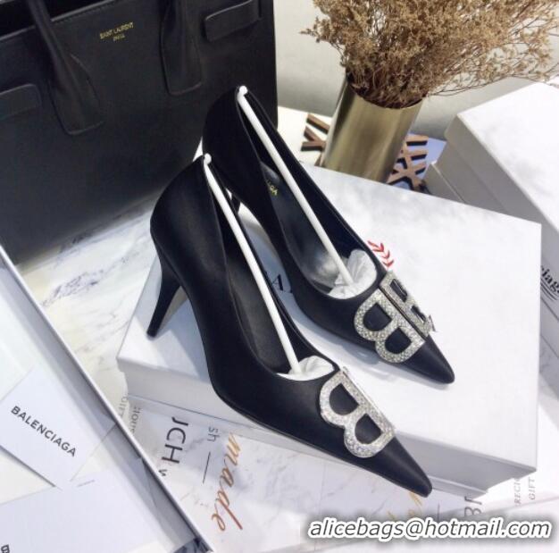 Low Price Balenciaga Crystal BB Square Knife 7.5cm Pump in Stretch Satin Black 051505