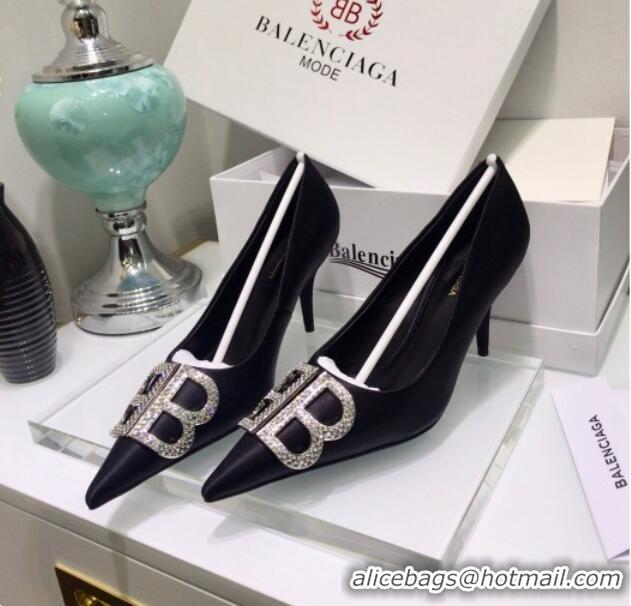 Low Price Balenciaga Crystal BB Square Knife 7.5cm Pump in Stretch Satin Black 051505