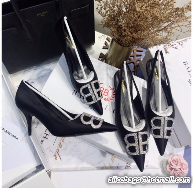 Low Price Balenciaga Crystal BB Square Knife 7.5cm Pump in Stretch Satin Black 051505