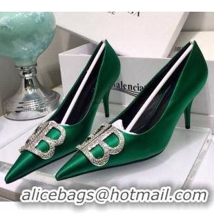 Luxury Cheap Balenciaga Crystal BB Square Knife 7.5cm Pump in Stretch Satin Green 051505