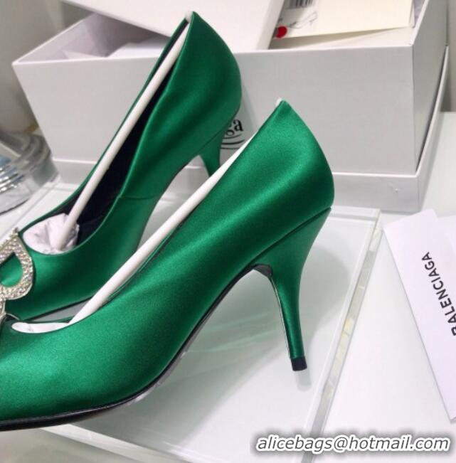 Luxury Cheap Balenciaga Crystal BB Square Knife 7.5cm Pump in Stretch Satin Green 051505