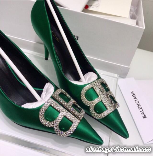 Luxury Cheap Balenciaga Crystal BB Square Knife 7.5cm Pump in Stretch Satin Green 051505