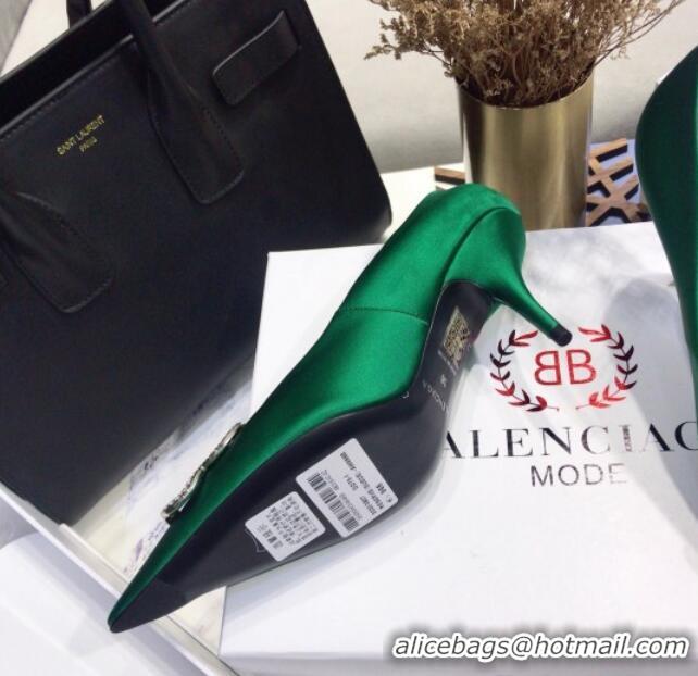 Luxury Cheap Balenciaga Crystal BB Square Knife 7.5cm Pump in Stretch Satin Green 051505