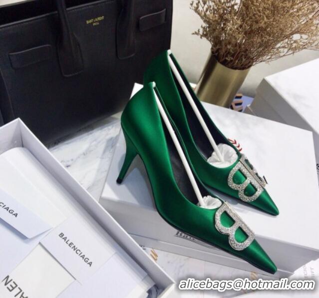 Luxury Cheap Balenciaga Crystal BB Square Knife 7.5cm Pump in Stretch Satin Green 051505