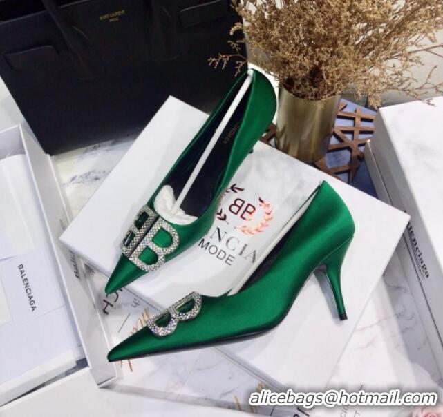 Luxury Cheap Balenciaga Crystal BB Square Knife 7.5cm Pump in Stretch Satin Green 051505