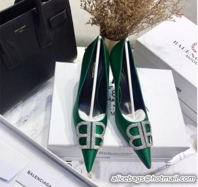 Luxury Cheap Balenciaga Crystal BB Square Knife 7.5cm Pump in Stretch Satin Green 051505