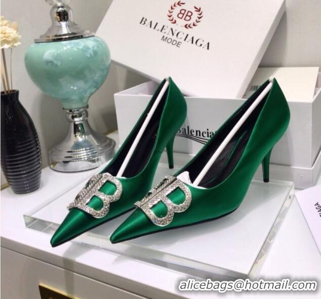 Luxury Cheap Balenciaga Crystal BB Square Knife 7.5cm Pump in Stretch Satin Green 051505