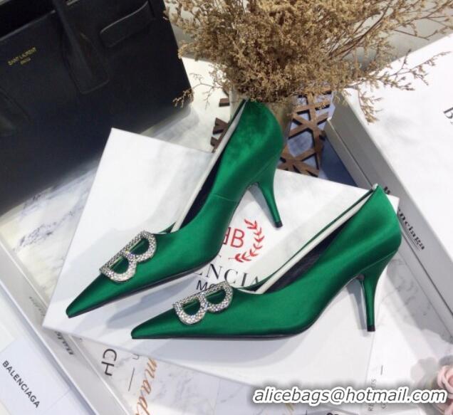 Luxury Cheap Balenciaga Crystal BB Square Knife 7.5cm Pump in Stretch Satin Green 051505