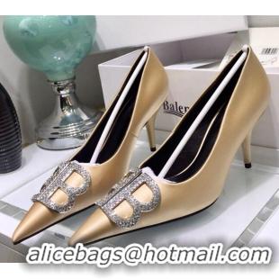 Best Price Balenciaga Crystal BB Square Knife 7.5cm Pump in Stretch Satin 051505 Light Gold