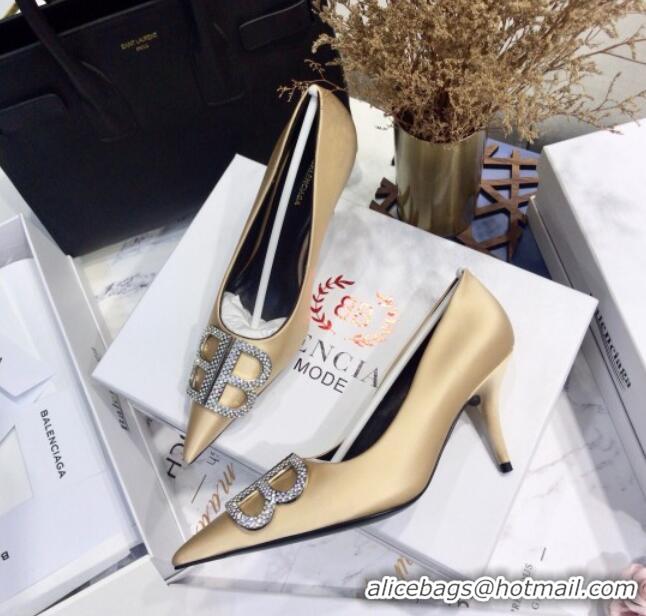 Best Price Balenciaga Crystal BB Square Knife 7.5cm Pump in Stretch Satin 051505 Light Gold