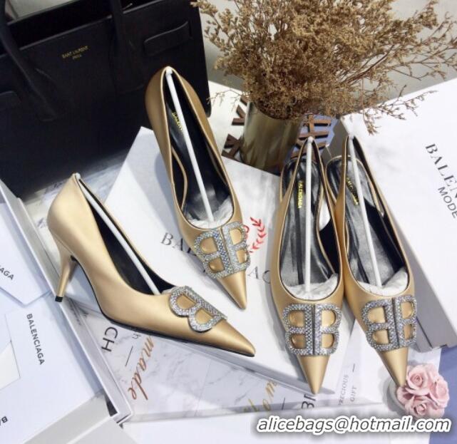 Best Price Balenciaga Crystal BB Square Knife 7.5cm Pump in Stretch Satin 051505 Light Gold