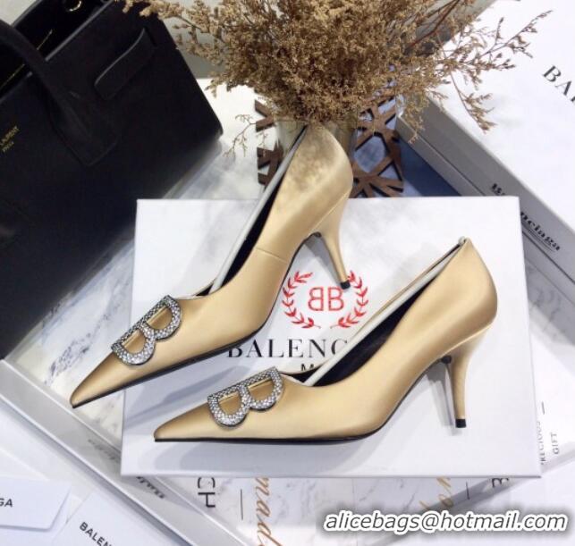 Best Price Balenciaga Crystal BB Square Knife 7.5cm Pump in Stretch Satin 051505 Light Gold