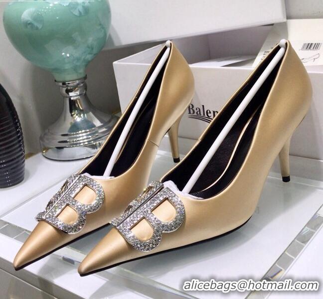 Best Price Balenciaga Crystal BB Square Knife 7.5cm Pump in Stretch Satin 051505 Light Gold