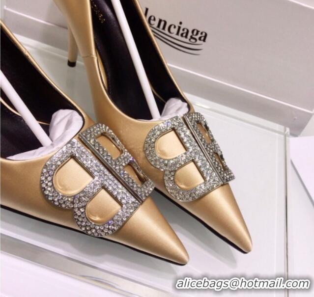 Best Price Balenciaga Crystal BB Square Knife 7.5cm Pump in Stretch Satin 051505 Light Gold