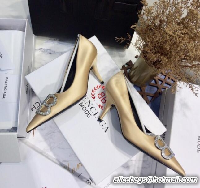 Best Price Balenciaga Crystal BB Square Knife 7.5cm Pump in Stretch Satin 051505 Light Gold