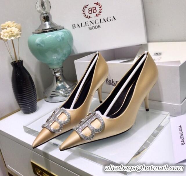 Best Price Balenciaga Crystal BB Square Knife 7.5cm Pump in Stretch Satin 051505 Light Gold