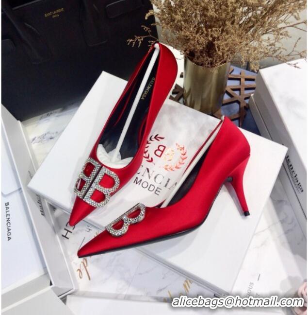 Best Price Balenciaga Crystal BB Square Knife 7.5cm Pump in Stretch Satin 051505 Red